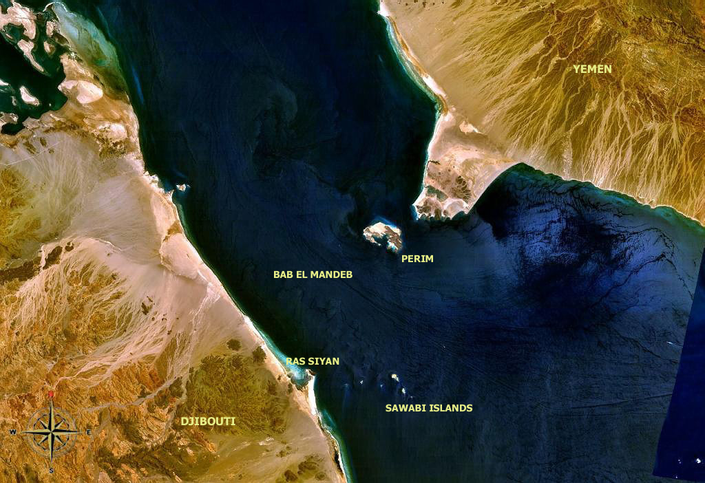 NASA World Wind satellite view of the Bab el-Mandeb Strait between Yemen and Djibouti, where Yemen's government forces are fighting the Houthis