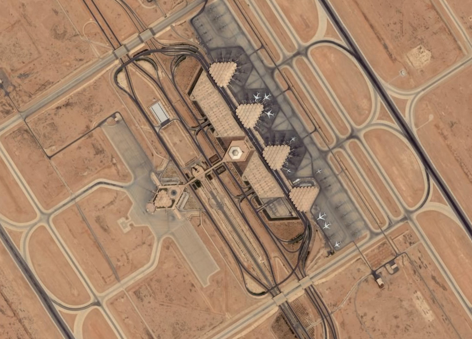 Satellite view of King Khalid International Airport in Riyadh, Saudi Arabia, target of Houthi missile attacks